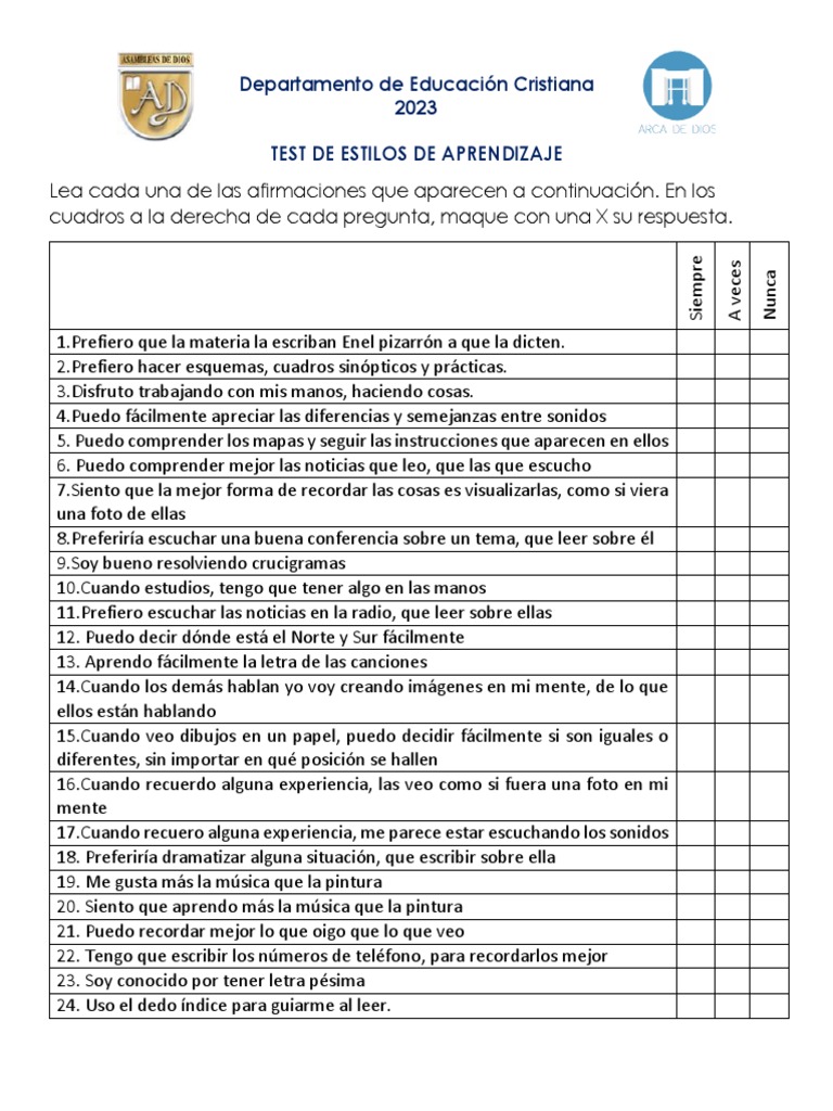 Test de Estilos de Aprendizaje VAK | PDF