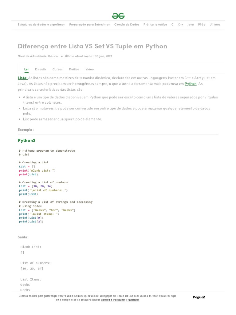 Diferença Entre List VS Set VS Tuple em Python - GeeksforGeeks | PDF