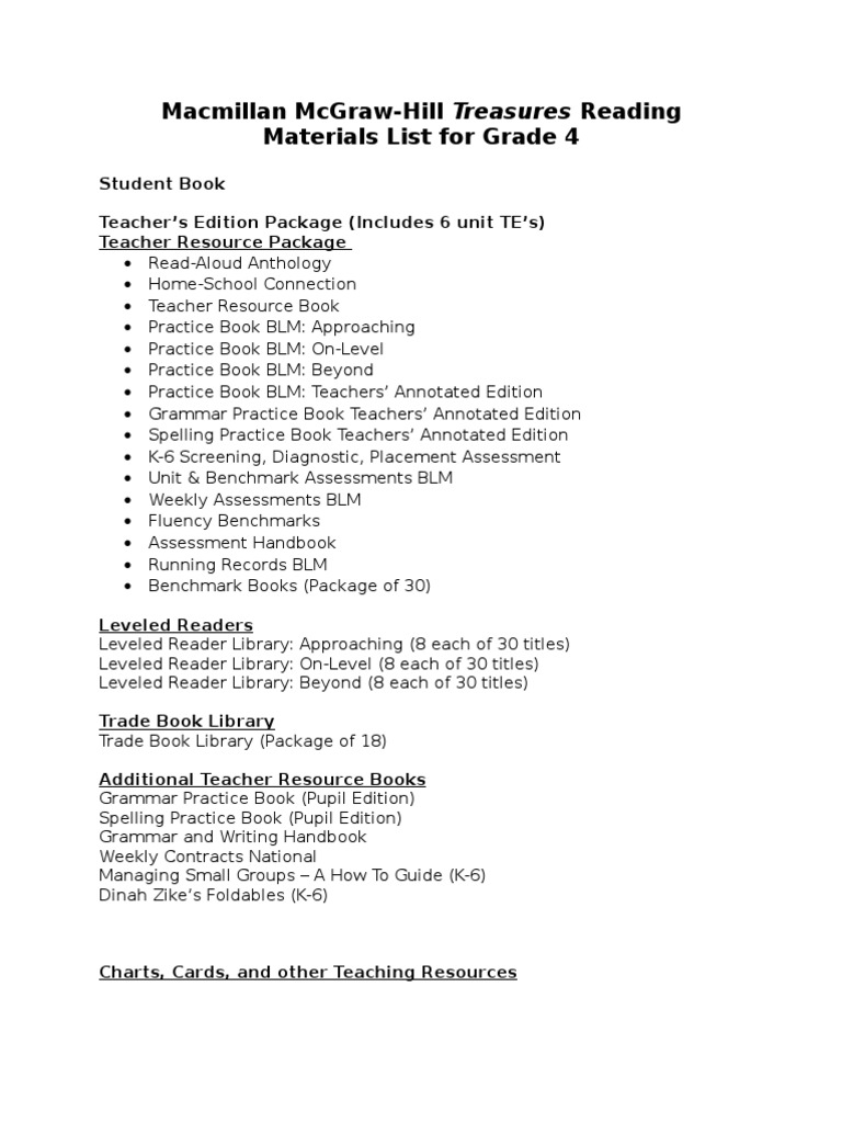 Macmillan Mcgraw-Hill Treasures Reading Materials List For Grade 4 ...