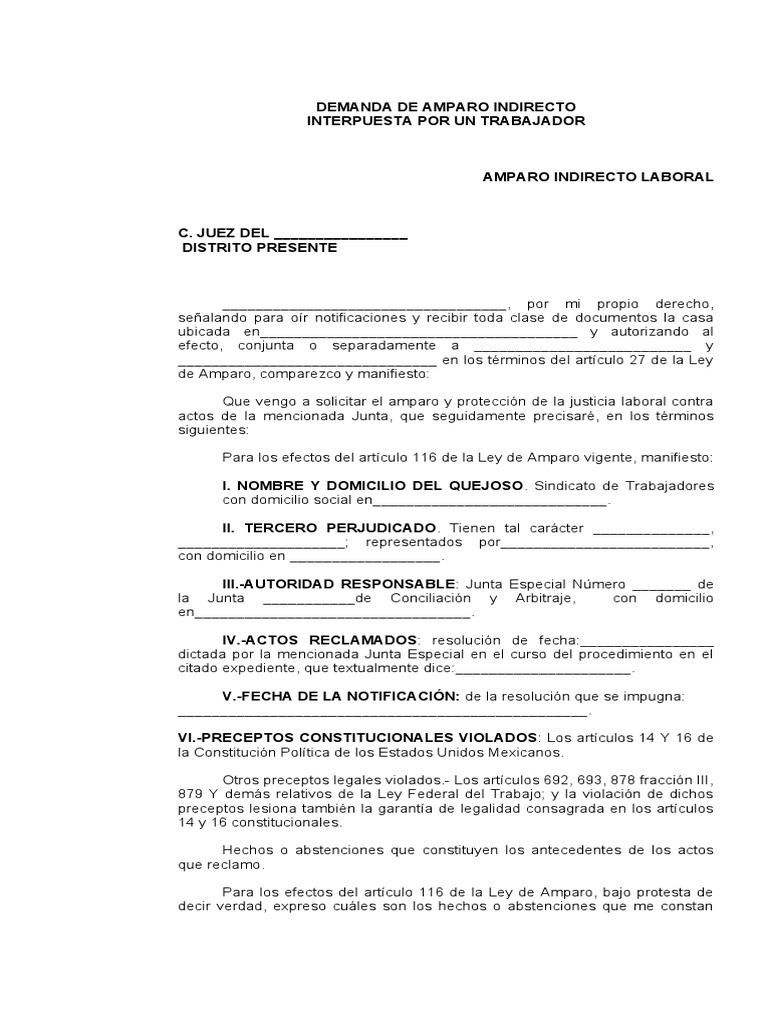 Demanda de Amparo Indirecto Laboral | PDF | Demanda judicial | Violación