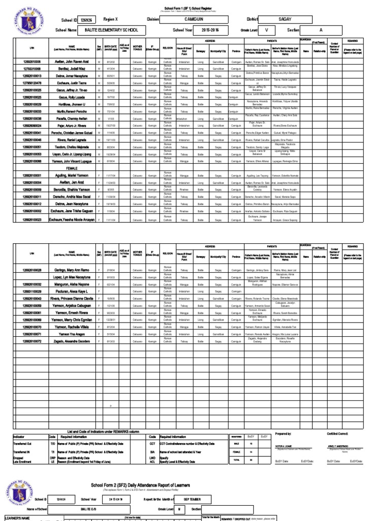 School Form 1: Balite Elementary Data | PDF | Human Development | Family