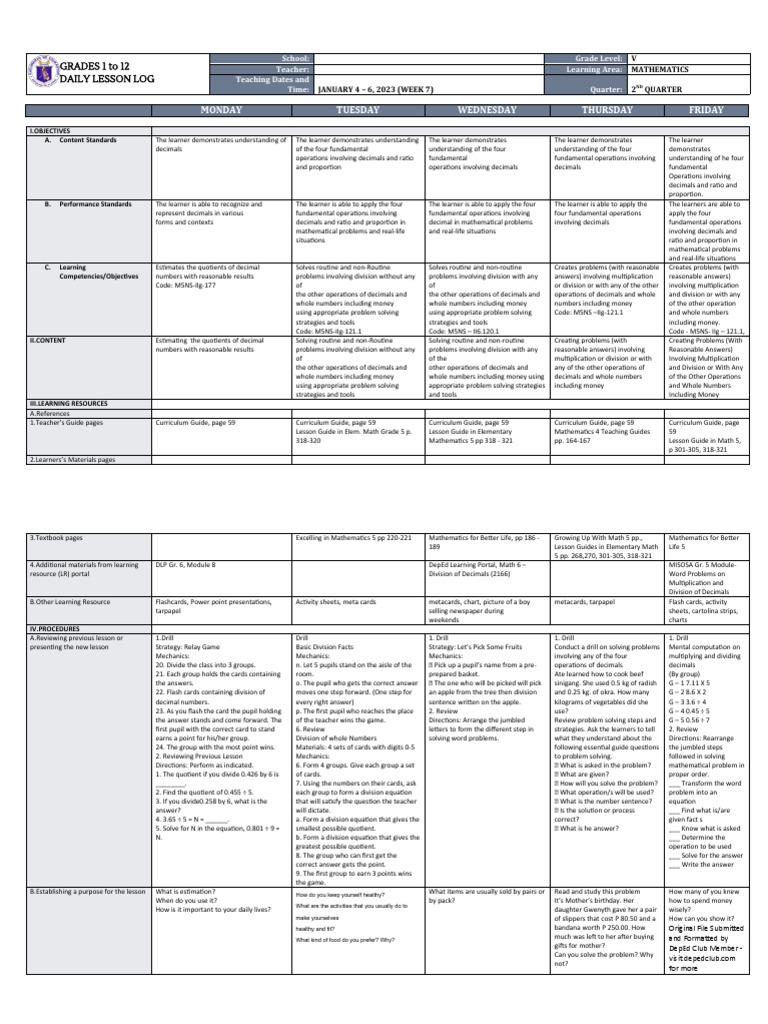 Grade 5 Math Lesson Plan | PDF | Curriculum | Learning