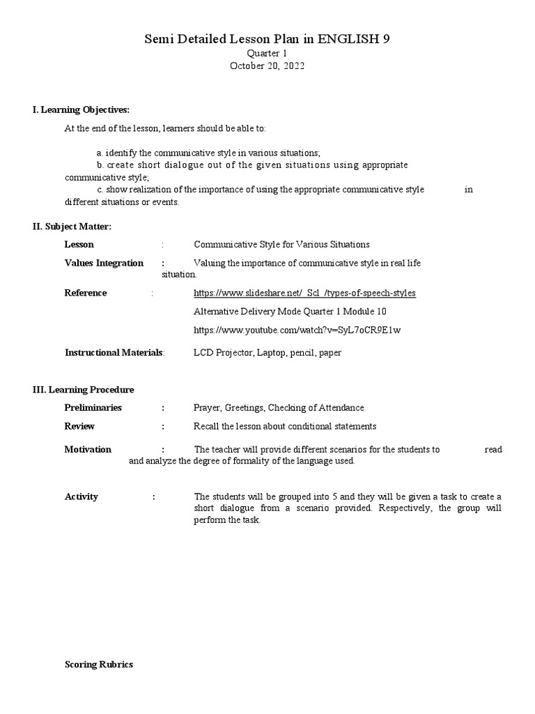 Lesson Plan: Communicative Styles in English 9 | PDF | Learning ...