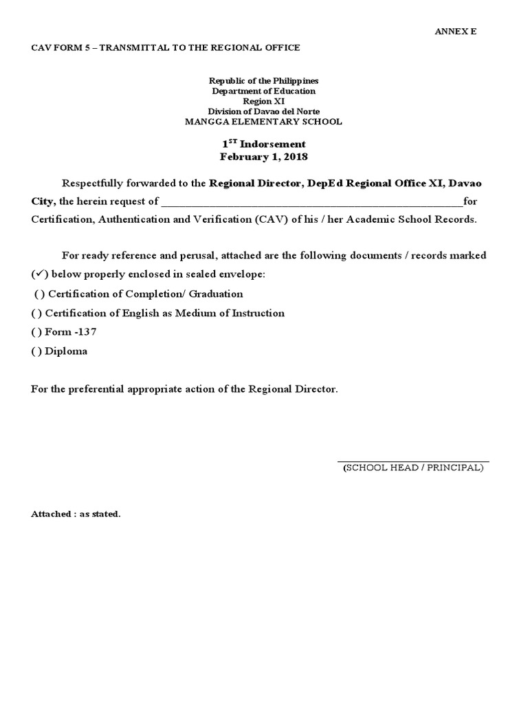 CAV Form 5: Annex E Submission | PDF
