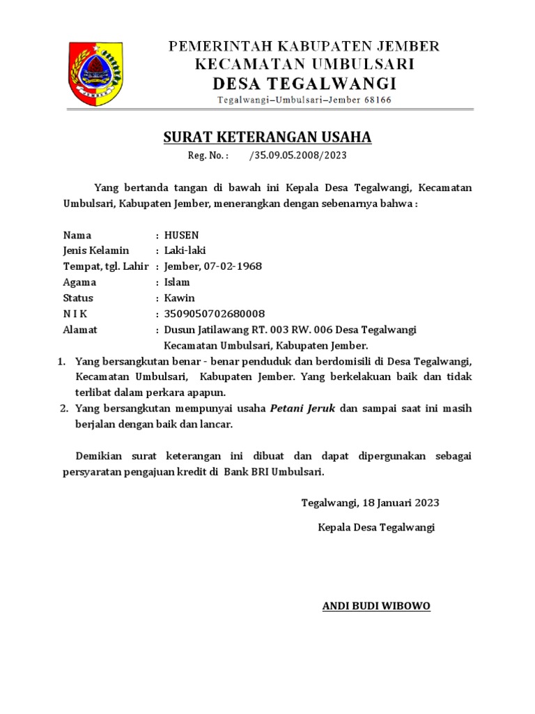 Surat Keterangan Usaha Desa Tegalwangi Pdf