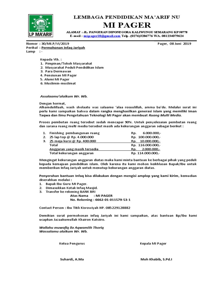 Surat Permohonan Infaq Jelang Idul Fitri | PDF
