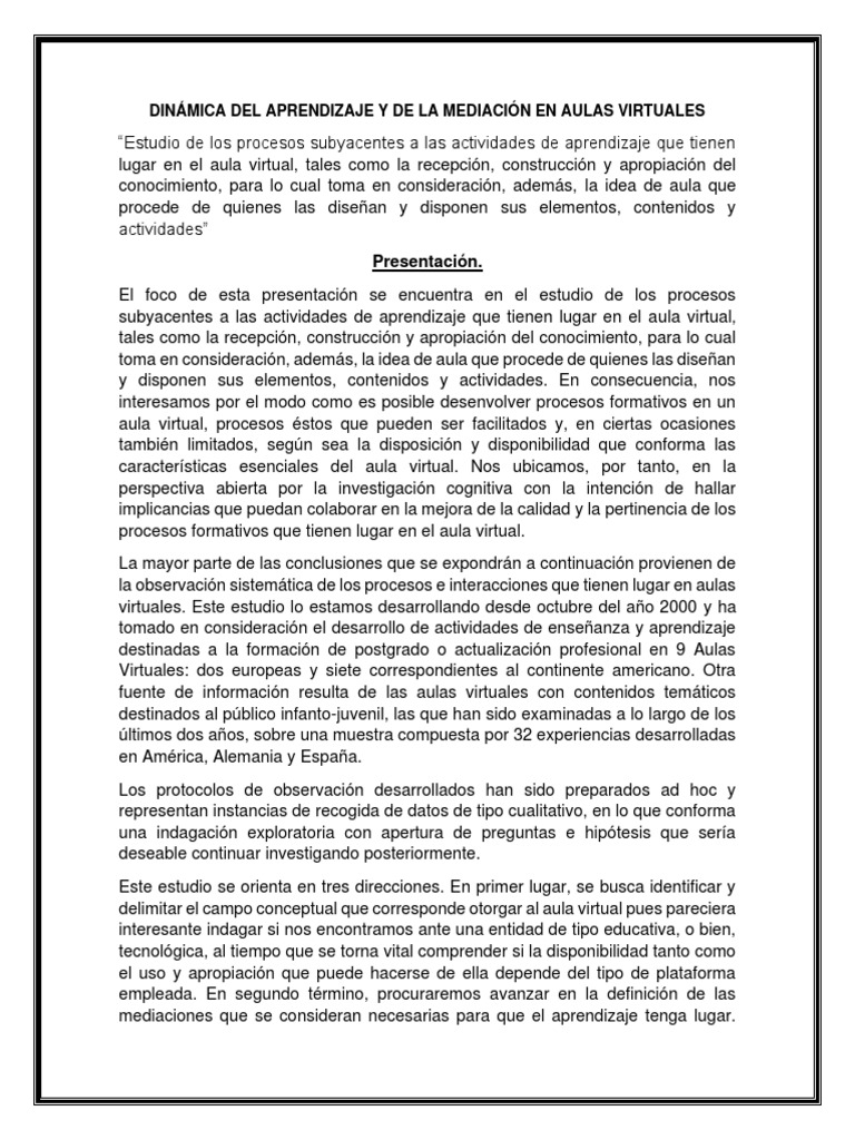 Dinamica Del Aprendizaje Y De La Mediacion En Aulas Virtuales Pdf