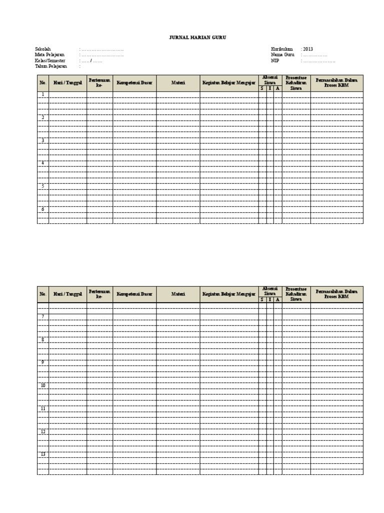 Contoh Format Jurnal Harian Guru | PDF