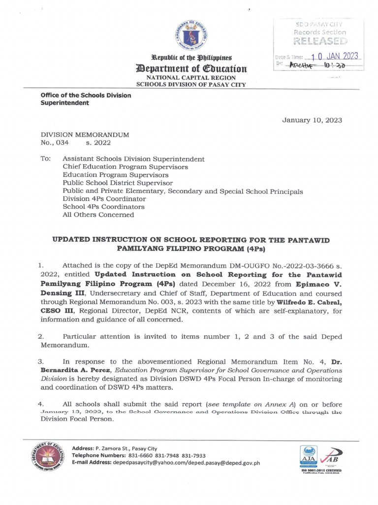 Division memorandum no 034 s 2023 updated instruction on school