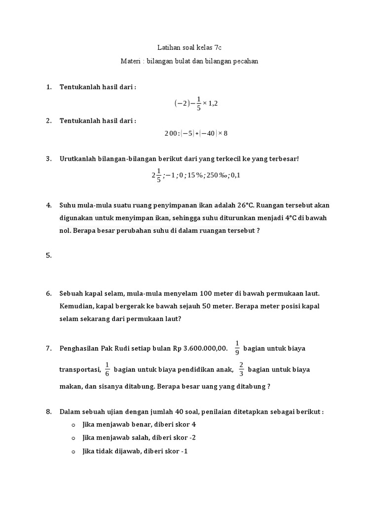 Latihan Soal Kelas 7c Bilangan | PDF