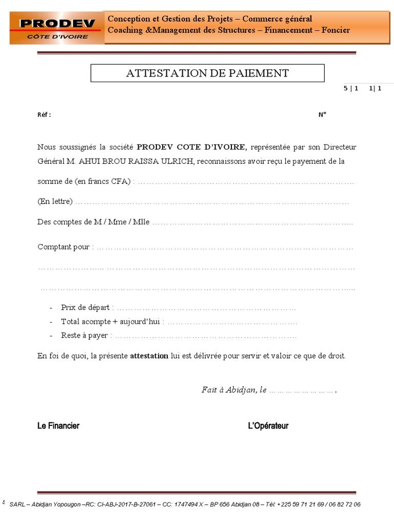 Attestation de Paiement PRODEV CI | PDF | Business