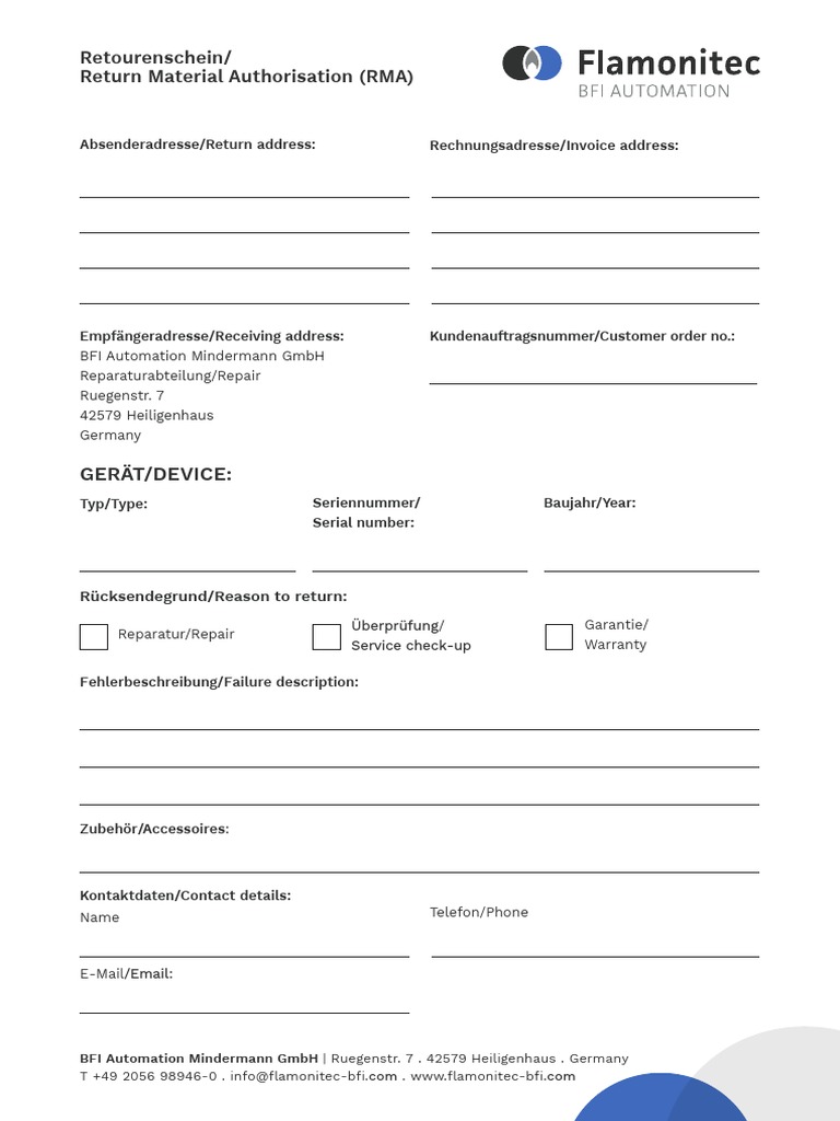 Bfi Automation Formular RMA | PDF