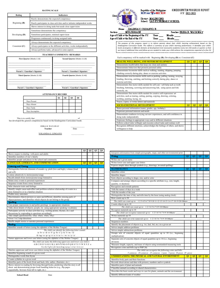 Progress Report Card Kindergarten 2022 2023 Pdf Letter Case Human