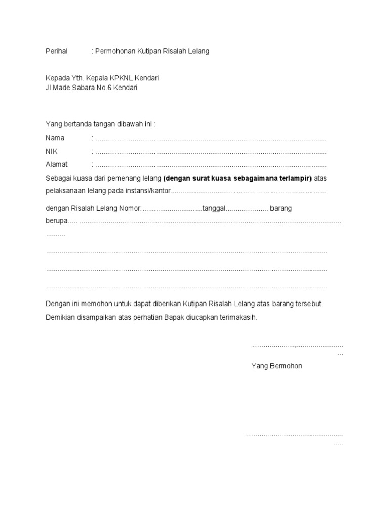 Permohonan Kutipan Risalah Lelang Dikuasakan | PDF