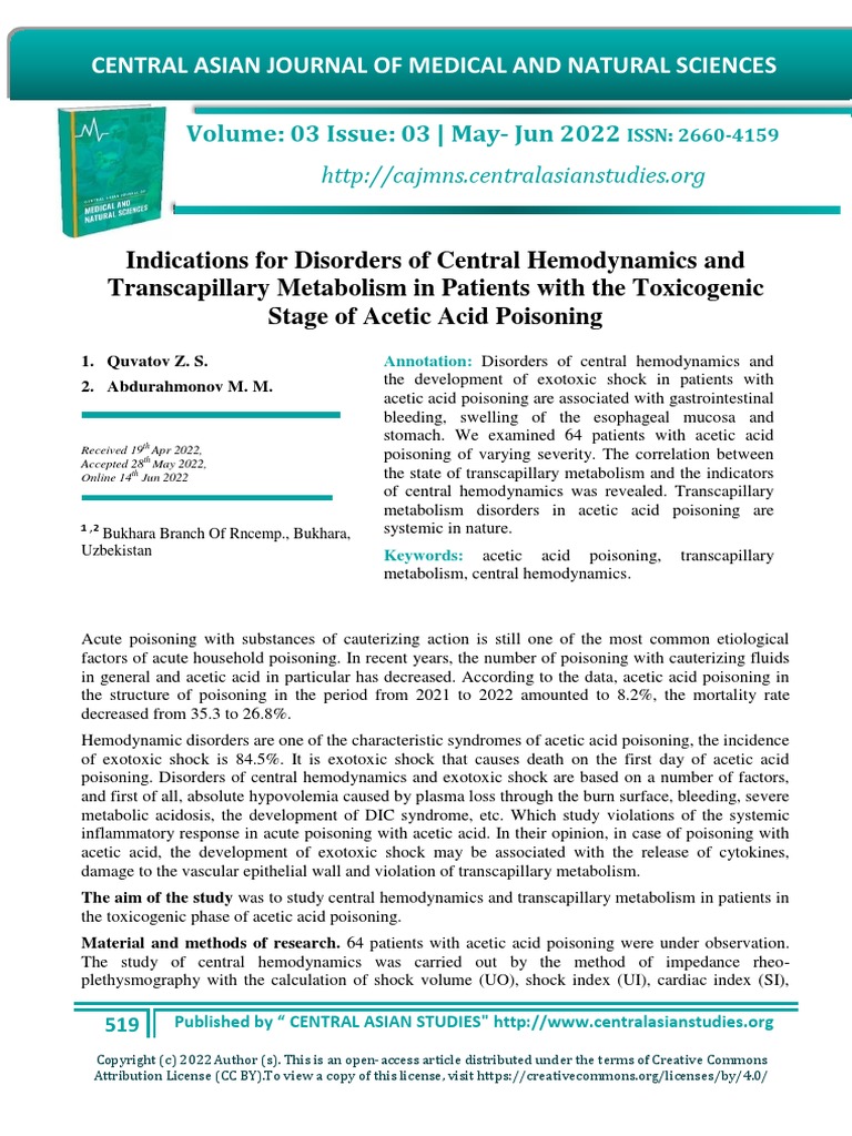 Indications For Disorders of Central Hemodynamics and Transcapillary Metabolism in Patients With