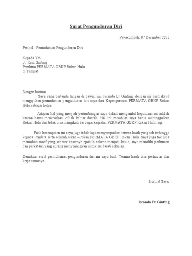 Surat Pengunduran Diri PEengurus Gereja | PDF