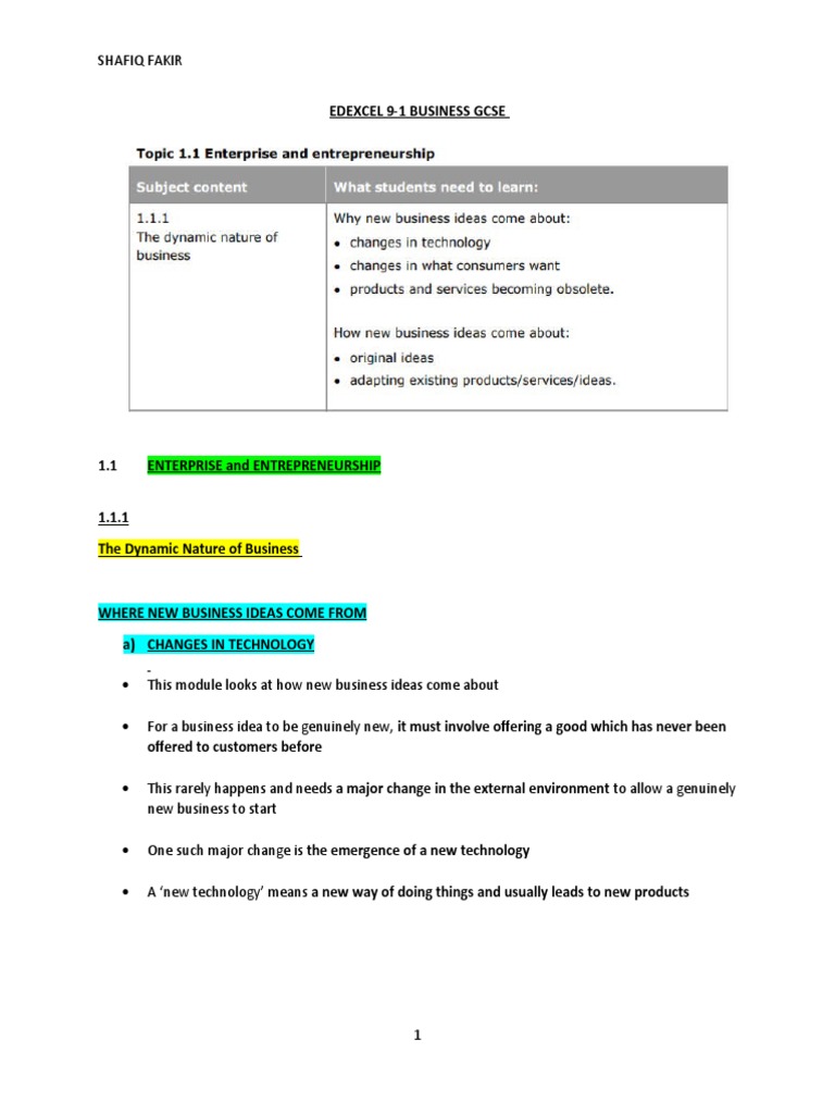 Gcse Business Topic 1.1 Part 1 Entreprise and Entrepreneurship PDF