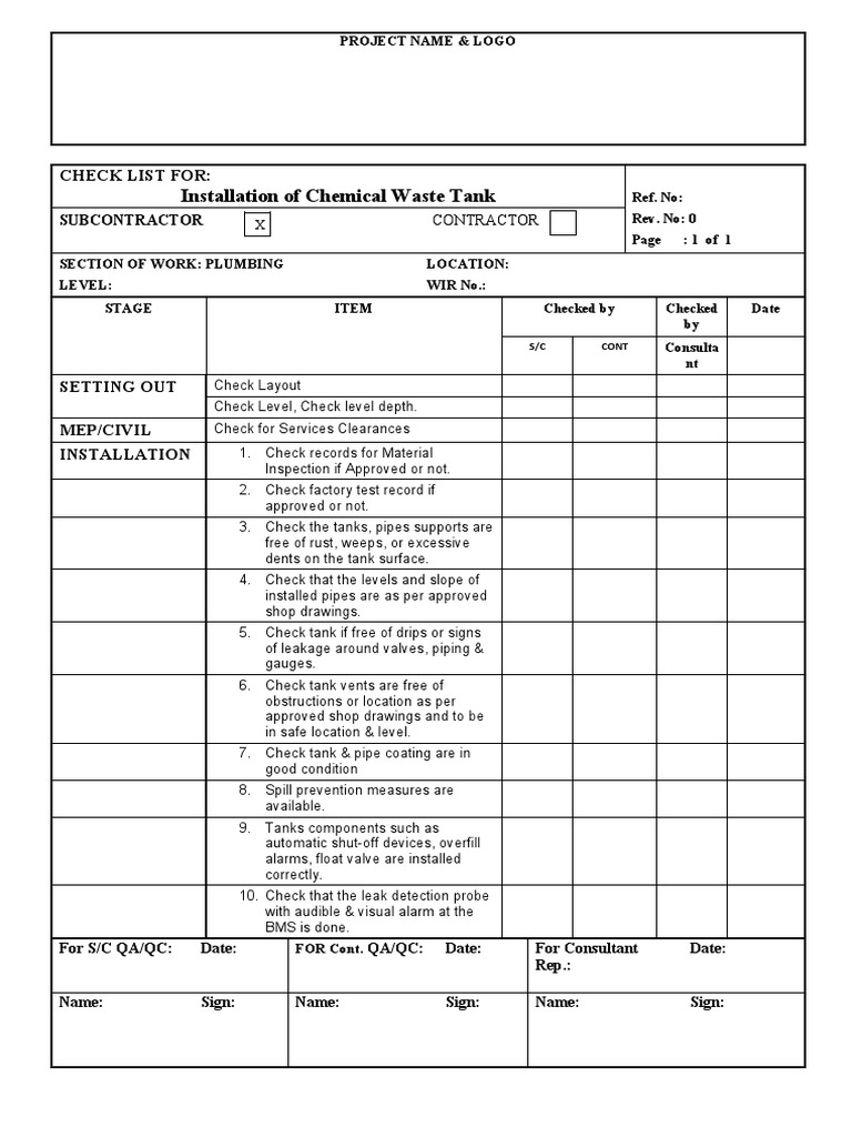 Chemical Waste Tank Installation Checklist | PDF | Plumbing | Leak