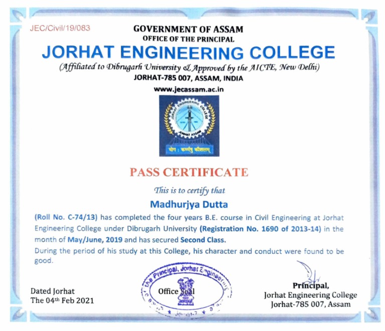 Jorhat Engineering College Pass Certificate | PDF