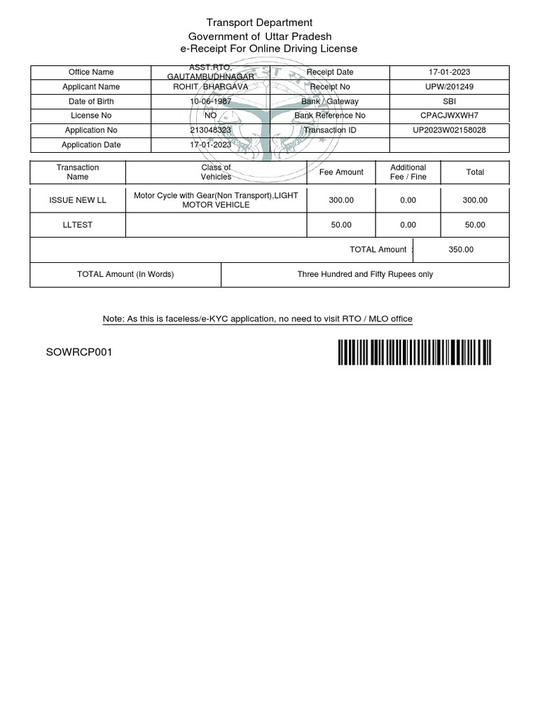 Receipt for Online Application for a New Driving License in Uttar