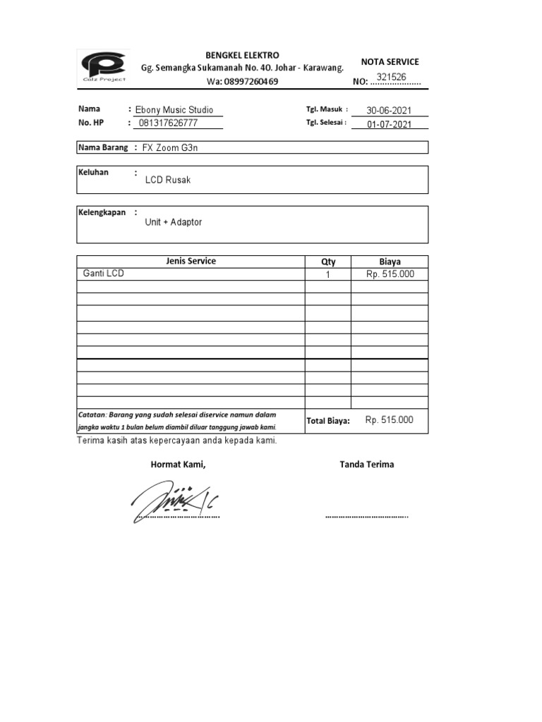 Nota Service FX Zoom G3n di Bengkel Elektro | PDF
