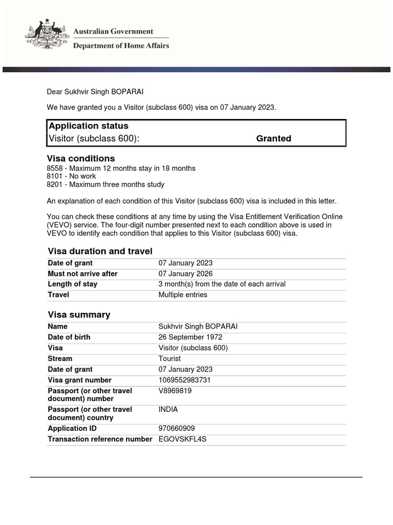 Visa Grant Letter Sukhvir Singh | PDF | Travel Visa | Cultural