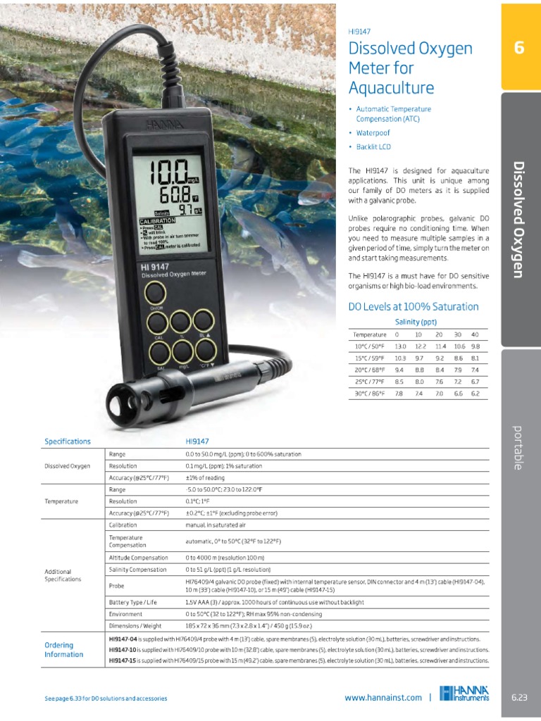 HI9147 - Dissolved Oxygen Meter For Aquaculture | PDF