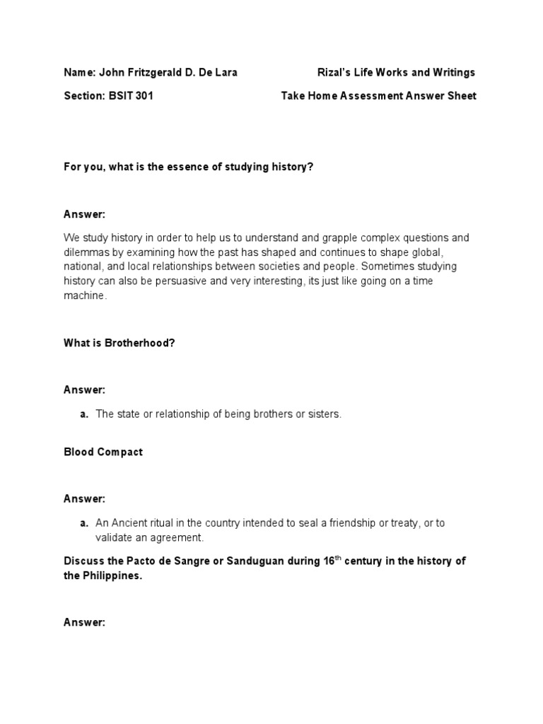 Take Home Assessment Answer SheetJP RIZAL PDF Philippines