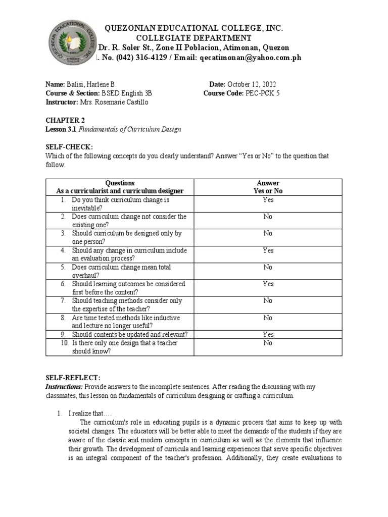 Activity Pec Pck 5 Balisi Harlene Bsed Eng 3b Pdf Curriculum Teachers