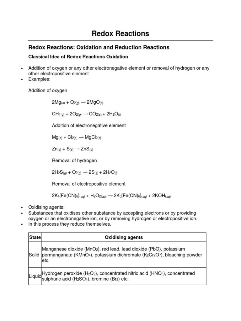 Class 11 - Chapter 08 - Redox Reaction Notes | PDF | Redox | Chemical ...