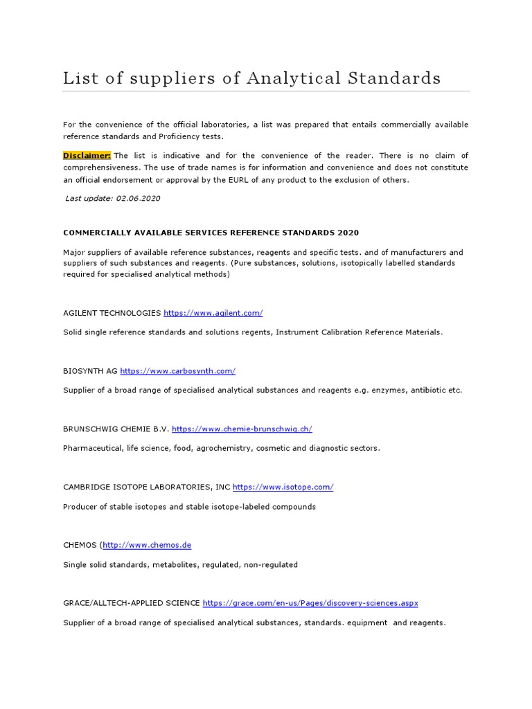 Analytical Standards Suppliers List | PDF | Chemical Substances | Sigma ...
