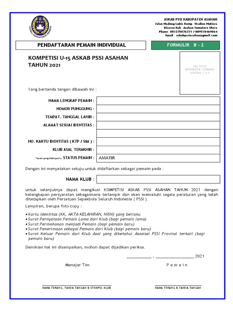 B2 Formulir Pendaftaran Pemain Individual | PDF