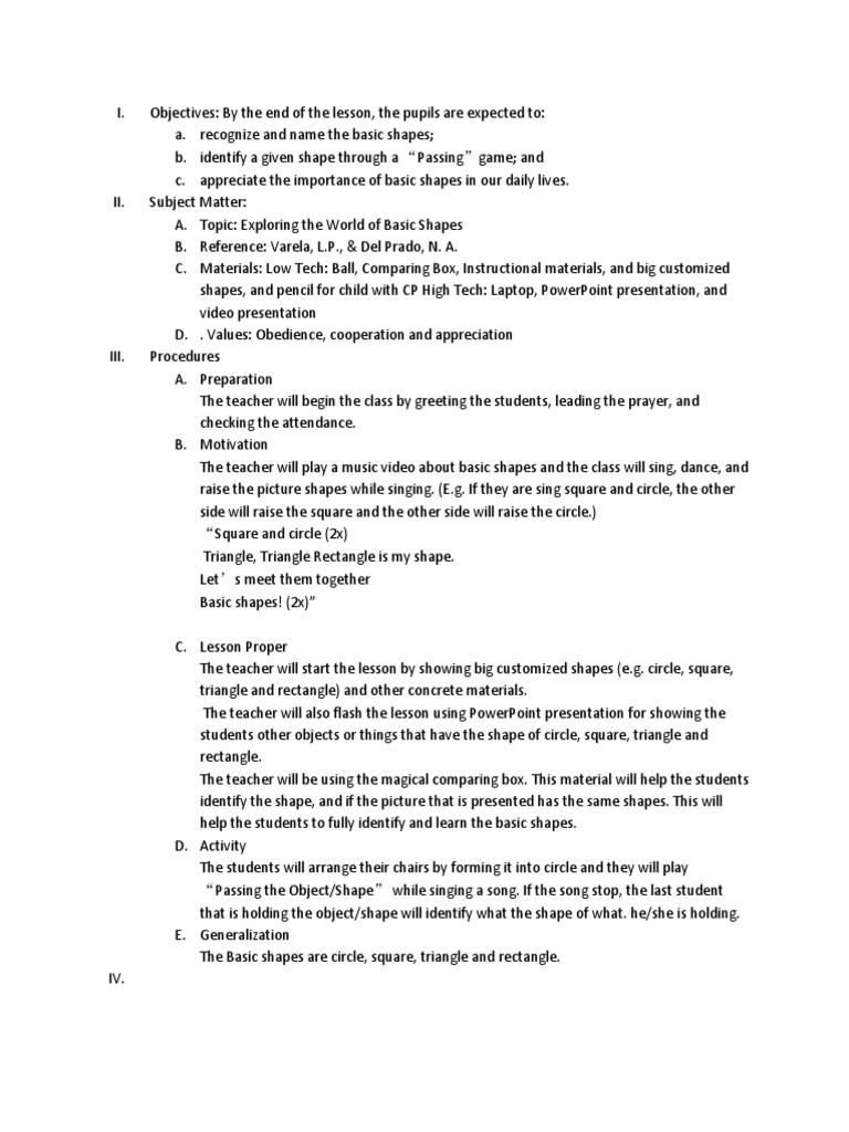 Basic Shapes Lesson Plan for Grade 1 | PDF | Teachers | Teaching
