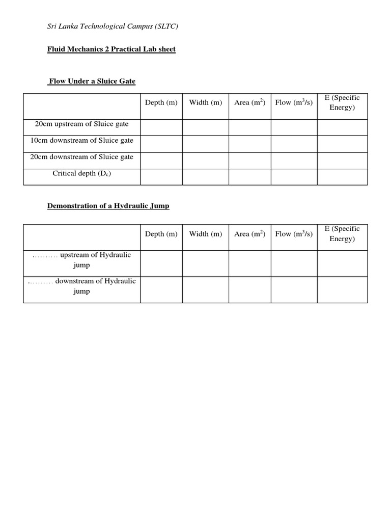 Open Channel Flow Lab Sheets PDF