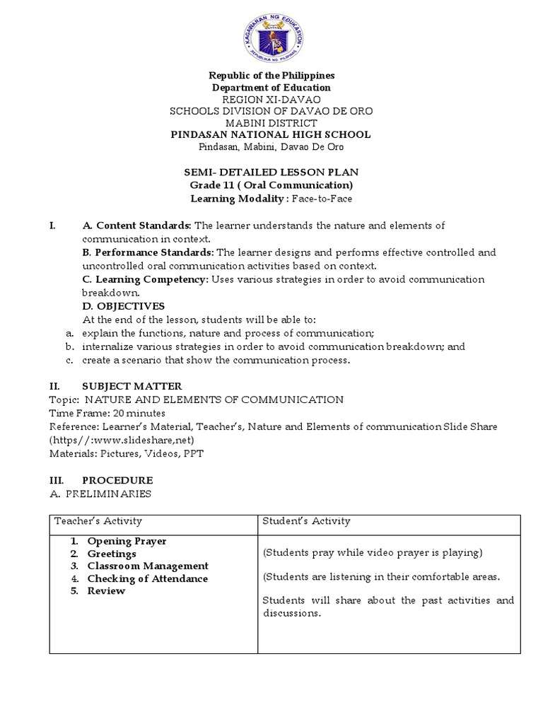 Lessson plan nature and elements of communication pdf communication