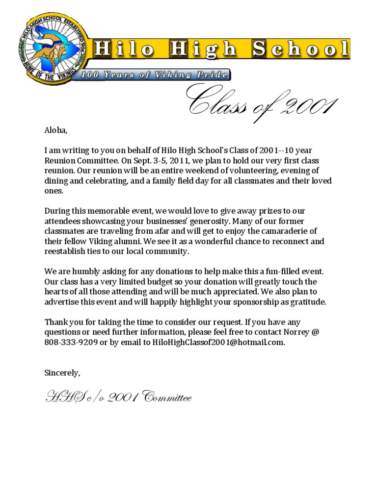 HHS C/O 2001 Reunion Donation Letter