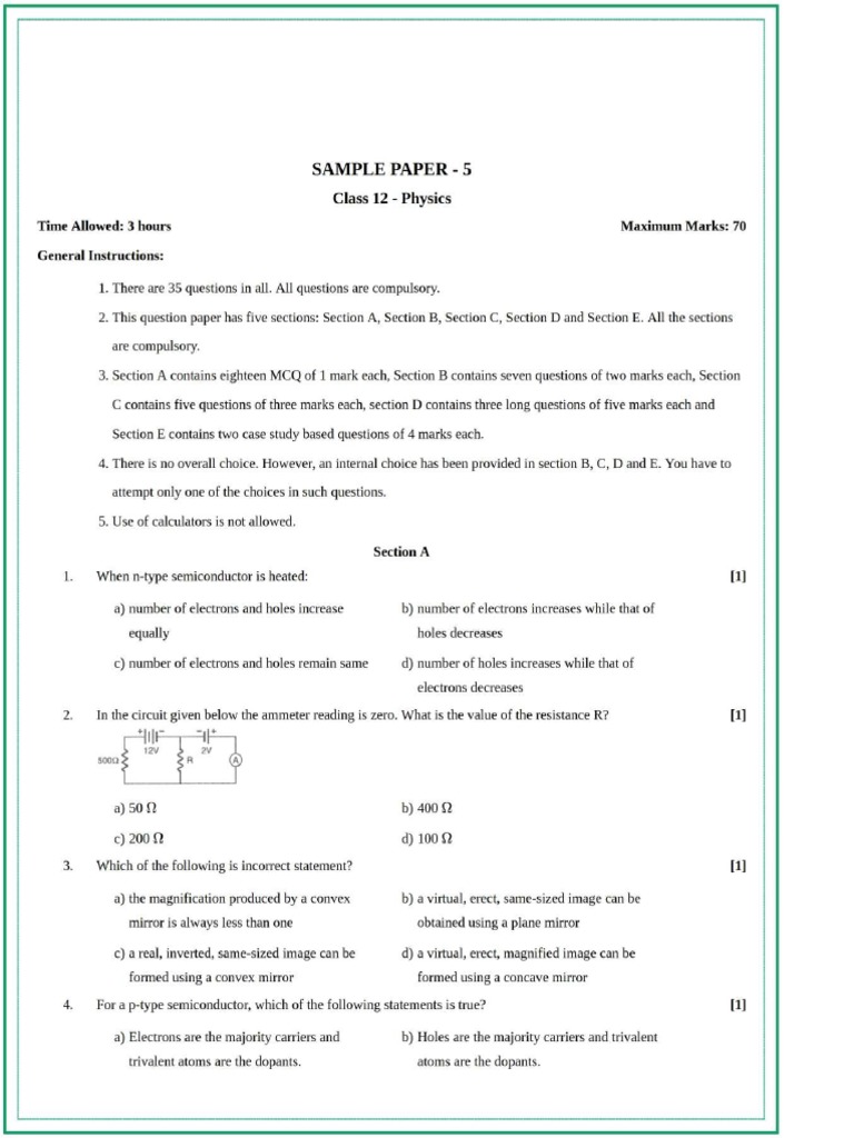 Physics Sample Paper - 5 | PDF