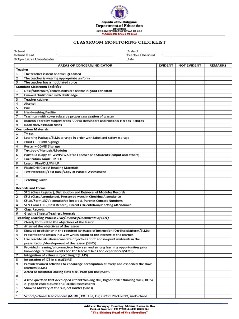 Classroom Monitoring Checklist PDF Learning Teachers