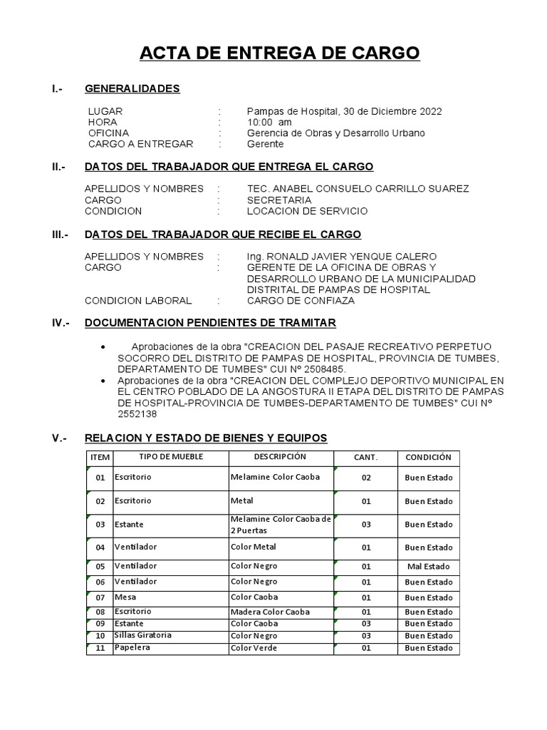 Acta de Entrega de Cargo Cynthia | PDF | Hardware de la computadora ...