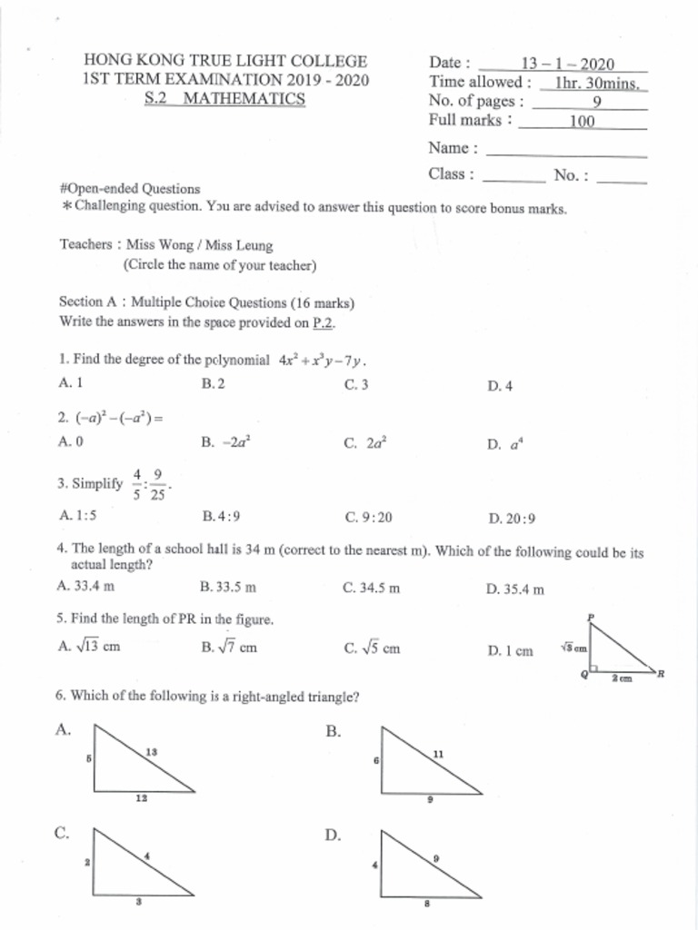1st Exam Math Paper | PDF