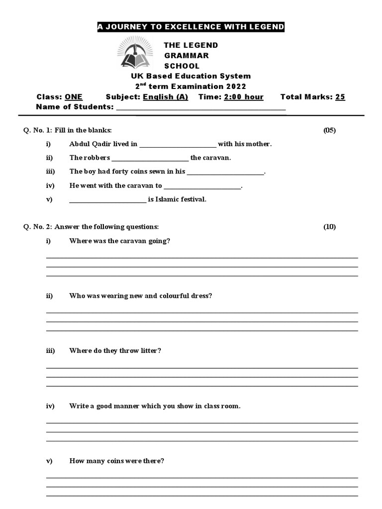 Legend Grammar School Exam | PDF