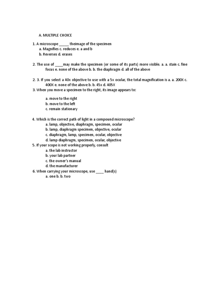 Microscope Parts and Functions Quiz | PDF