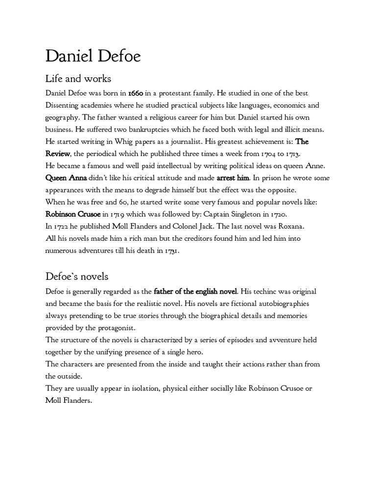 Daniel Defoe: Life and Novels Explained | PDF | Daniel Defoe | Novels