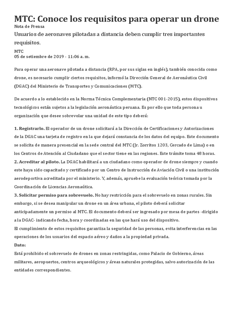 Requisitos para operar drones en Perú | PDF
