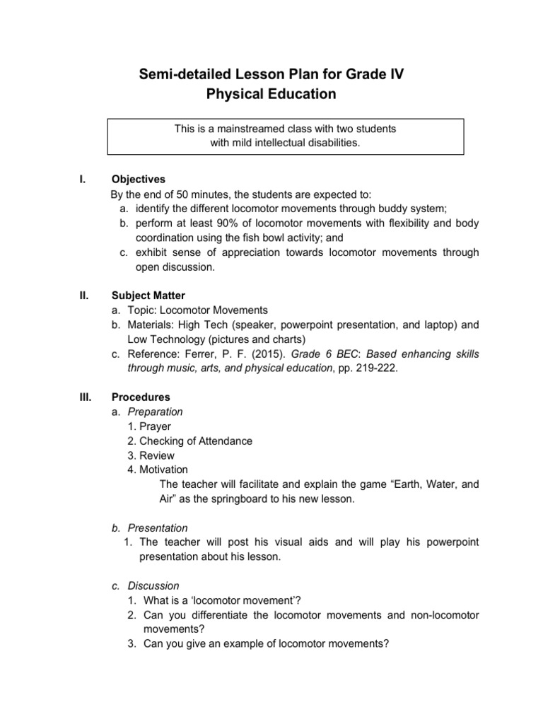 Locomotor Movements Lesson Plan for Grade IV | PDF | Animal Locomotion ...