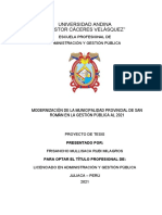 Proyecto de Investigación de Tesis Modernización de La Municipalidad Provincial de San Román en La Gestión Pública Al 2021