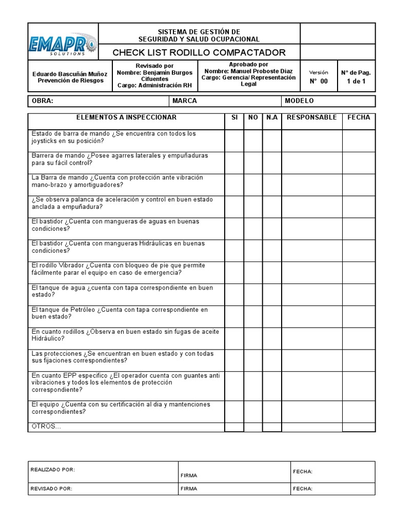 Checklist de Seguridad para Rodillo Compactador | PDF | Vehículos