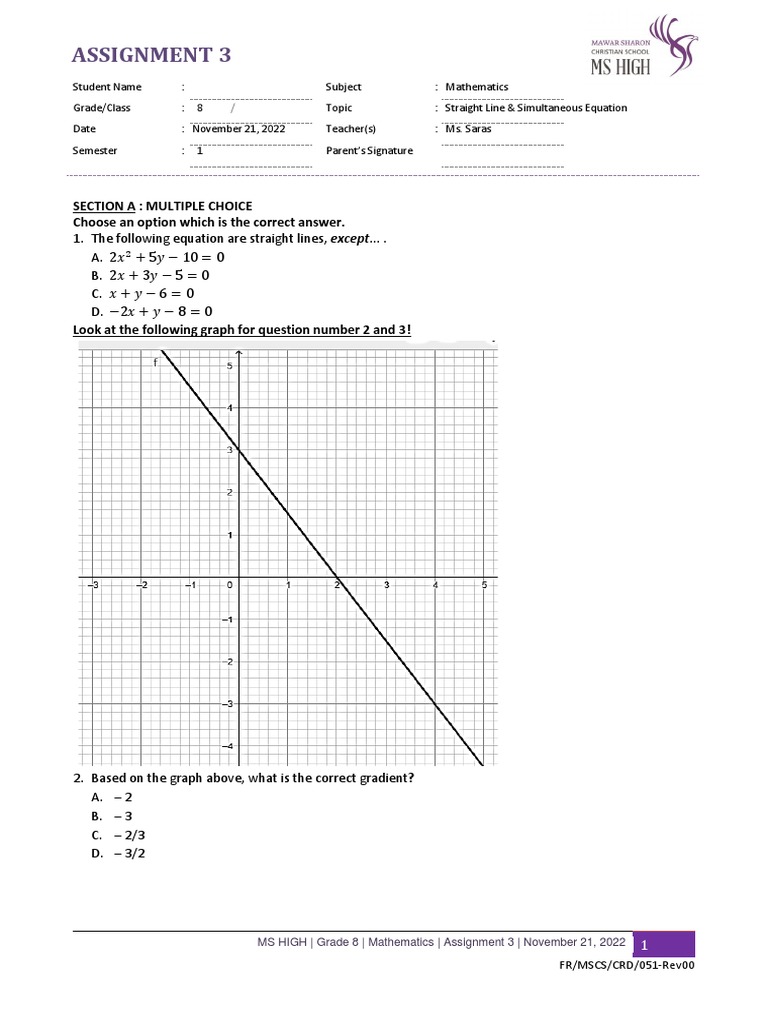 TA - G8 - T2 - A3 - Straight Line & Simultaneous Equation - 22-23 | PDF ...