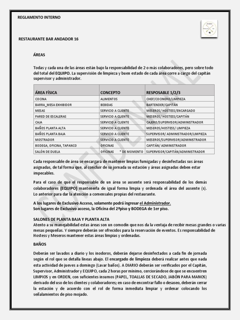 Reglamento Interno Restaurante Andador 16 | PDF | Contraseña