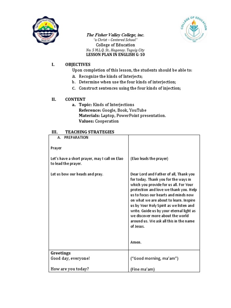 Grade 10 Interjection Lesson Plan | PDF | Linguistics
